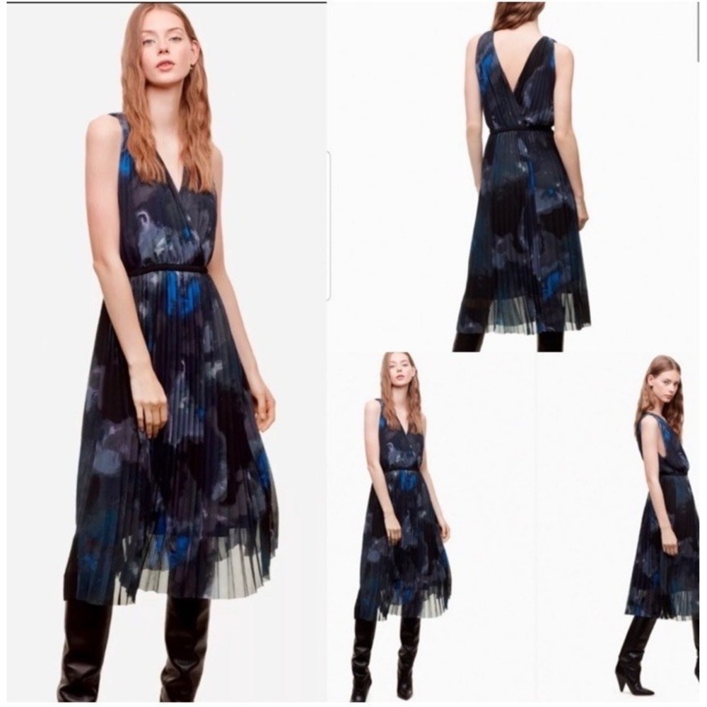Wilfred Aritzia Karel V Neck Chiffon Pleated Swing Midi Dress Black Graffiti M